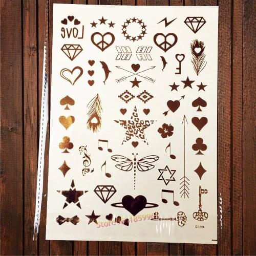 Glitter Gold Tattoos Little Cute Pattern Tattoo On Hand Finger Tattoos Heart Dolphin Diamond Melody Key Bowknot Dragonfly CA148S