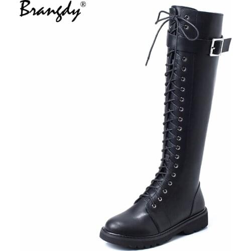 Brangdy Genuine Leather Women Knee Hight Boots Round Toe Metal Decoration Women Shoes Zipper Women Winter Boots Warm Fur Lace Up