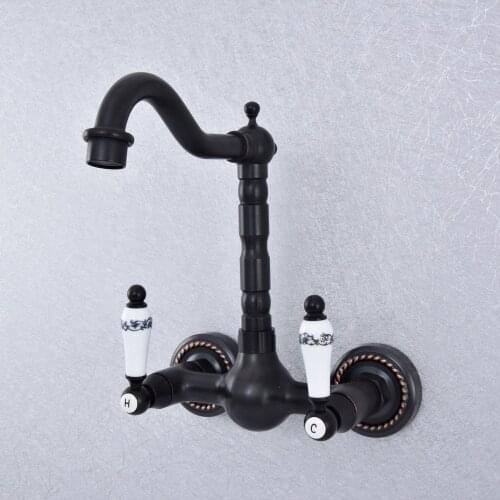 Oil Rubbed Bronze Bathroom Basin Swivel Spout Faucet Wall Mounted Dual Ceramic Handles Vessel Sink Mixer Taps zsf713