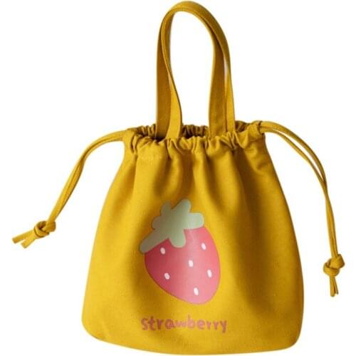 Kids Students Drawstring Lunch Box Bag Canvas Handbag Fruits Pattern Reusable Picnic Travel Grocery Totes Storage Bag
