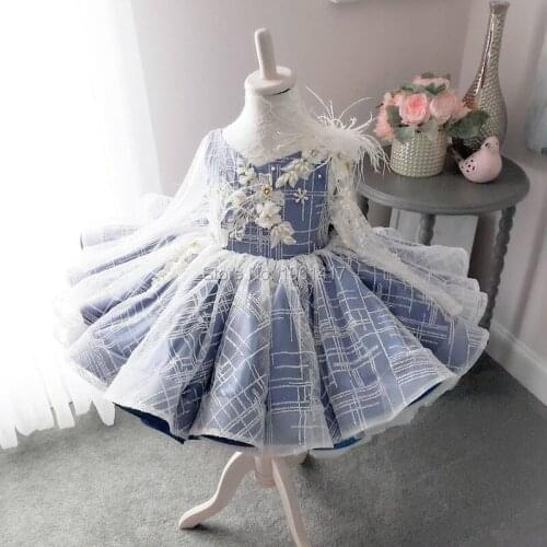 Classic Tulle Flower Girl Dress with Bow Lace Appliques Long Sleeve For Wedding Birthday Ball Gown First Holy Communion Dresses