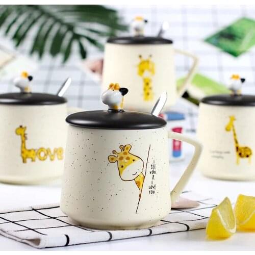 Creative cartoon cute hand-painted giraffe ceramic mugs with lid spoon office home tea cup oatmeal breakfast cup couple cup