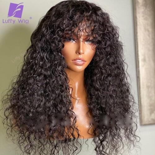 Kinky Curly Wig Human Hair With Bangs 200 Density Brazilian Remy Hair Machine O Scalp Top Wig Glueless For Black Women Luffywig
