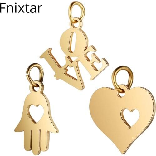 Fnixtar Gold Color Heart Love Metal Pendant Charm for Jewelry Bracelet Making DIY Handmade Stainless Steel Charms 5pcs/lot