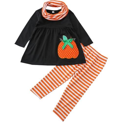 2021 1-6Y Halloween Baby Girl Clothing Cute Bow Pumpkin Print Long Sleeve Dress+Striped Long Pants+Scarf Toddler Costume 3pcs