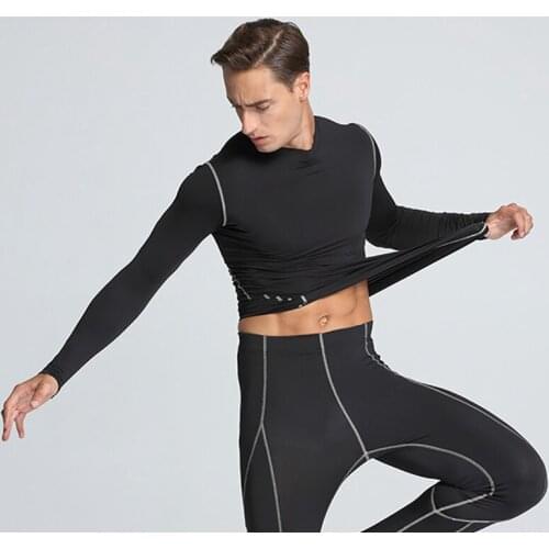 Men Solid Fitness T-shirts Compression Thermal Long Sleeve Top Skin Tight Quick Dry Bodybuilding Sportwear