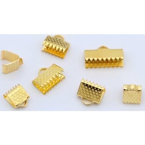 6/8/10/13mm gold/silver/bronze Ribbon leather Crimp Ends Tips Clamps Cord Ends Beads crimp caps Fold Over Clasp jewelry findings