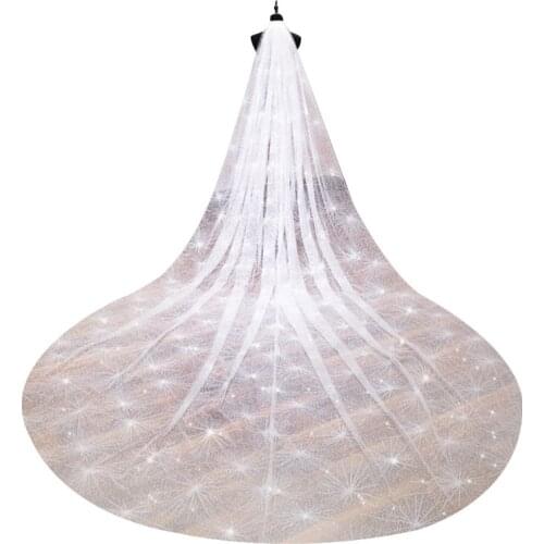 One-Layer Women White Trailing Long Wedding Veil Seashell Spray Glitter Rhinestone Cut Trim Luxury Starry Sky Bridal W0YA