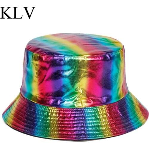 Women Mens Harajuku Hip Hop Faux Leather Bucket Cap Reflective Metallic Rainbow Stripes Reversiable Packable Fisherman Hat