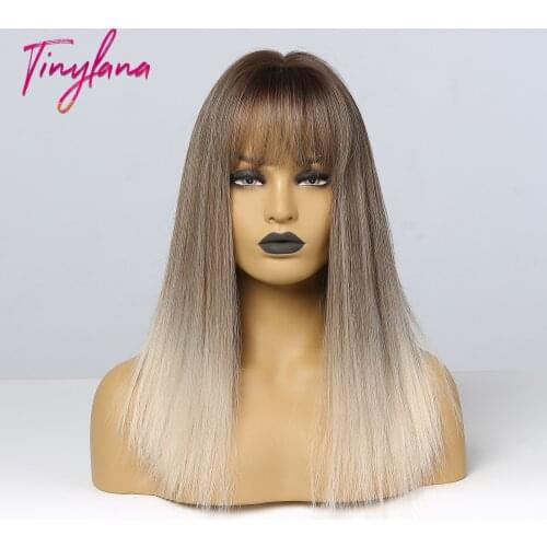 TINY LANA Medium Ombre Gray Brown to Blonde Straight Synthetic Wigs with Bangs for Black Women Cosplay Wigs Heat Resistant Fiber