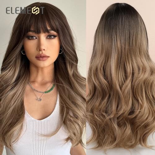 Element Dark Brown Ombre to Light Brown Long Water Wave Wigs with Bangs for Women Synthetic Hair Natural Party Heat Resistant