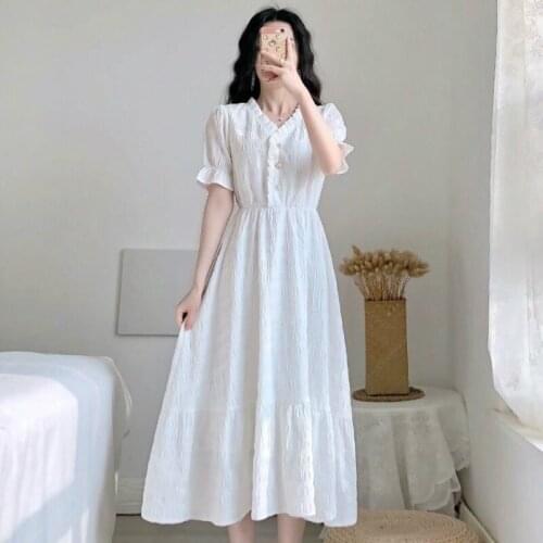 Dress Women Pure Color Summer Dresses Ruffles Retro Short Sleeve Vintage Elegant Ladies Midi Maxi Romance Simple Trendy Ulzzang