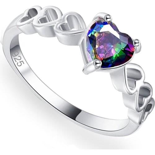 Romantic Silver Color Inlaid Colorful Heart Love Shaped Alloy Female Ring for Women Party Jewelry RIng Size 6-10