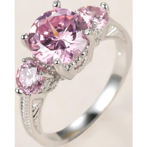 Luxury Female Pink Crystal Stone Ring Charm Silver Color Wedding Rings For Women Big Round Zircon Engagement Ring