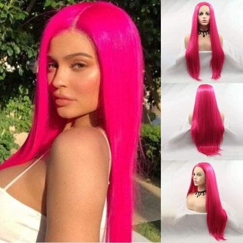 Rose Red Long Synthetic Lace Front Wigs for Women Dark Pink Lace Front Wig with Middle Part Glueless Heat Resistant Fiber Hair