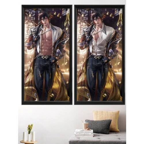 Sexy Nude Genshin Impact Childe Zhongli Handsome Anime Game Art-Poster Silk Canvas Picture Decoration Living-Bedroom Custom