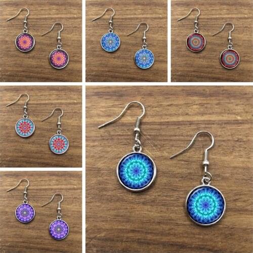 Mandala Lotus Earrings Henna Yoga Jewelry Drop Earrings For Women Charm Art Picture OM Symbol Buddhism Zen