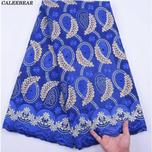 Blue High Quality African Lace Fabric Cotton Fabric Embroidery Swiss Nigerian Voile Lace Cotton 5 Yards Stoned Lace Fabric S2086