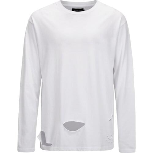 Hip Hop Distroy Streetwear Hole Sweatshirt Solid Blank Top Ripped Urban Long Sleeve Frayed Men Tshirt