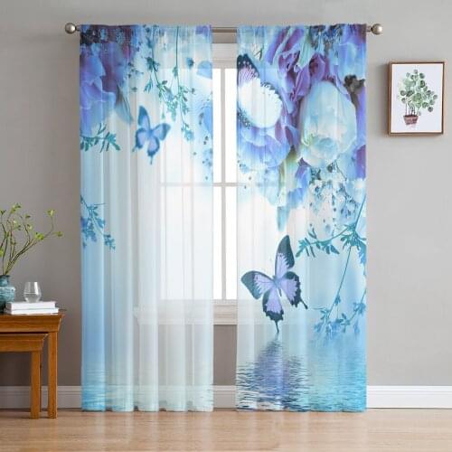 Animal Butterfly Flower Blue Rose Window Tulle Curtains for Living Room Bedroom Hotel Luxury Decoration Sheer Curtains