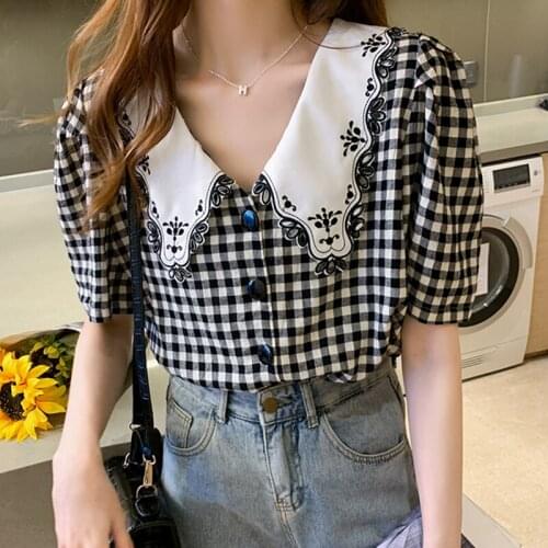 Embroidered Plaid White Cute Sweet Korean Fashion Summer WomenS Clothing Vintage Shirts Blouses Top New Vetement Femme 2021 Fem