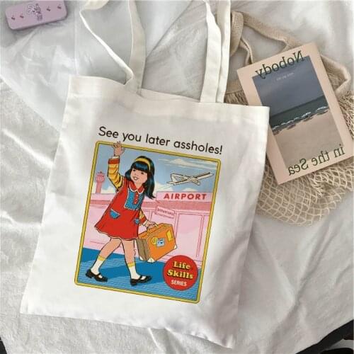 Lets Find a Cure for Stupid People Devil Letter Print Women Casual Canvas Large Capacity Vintage Harajuku Cartoon Shoulder Bag