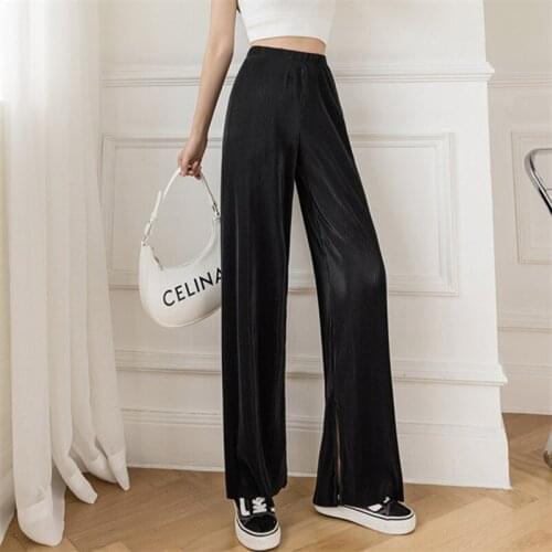 Largen Size M-8XL Women High Quality Summer Wide Leg Pants 2021 Leisure Vintage Elegant Ice silk Pleated Trousers Plus Size