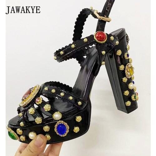 New Ethnic Platform Women Sandals Super High Chunky Heels Banquet Party Sandals Diamond Pearl Peep Toe Summer Runway Shoes Woman