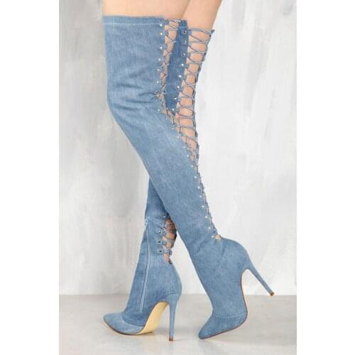 Women Sexy Fashion Pointed Toe Over Knee Denim Gladiator Boots Back Cut-out Thigh Long High Heel Boots Evening Dress Shoes