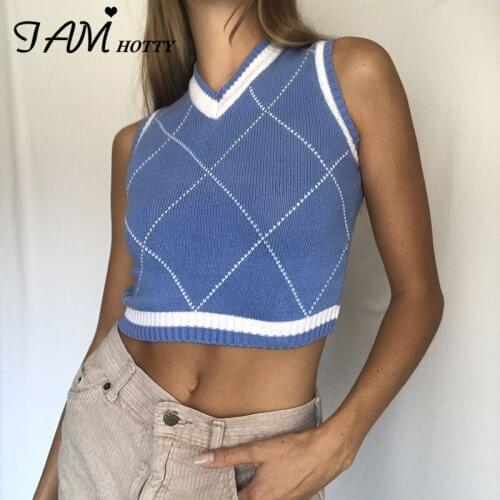 IAMHOTTY Argyle Plaid Knitted Sweater Vest Women Aesthetic Preppy Style V Neck 90s Girls Crop Tops Knitwear Autumn 2020