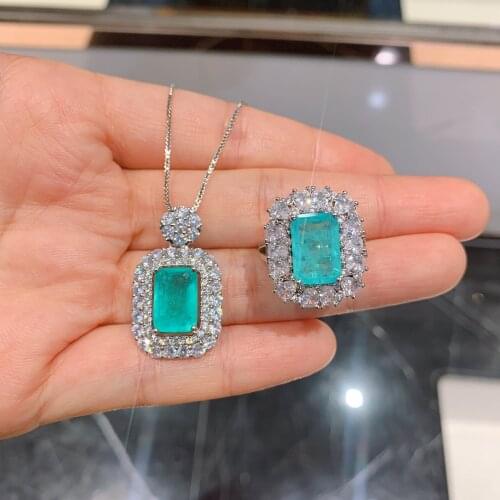 Funmode Sparkling Blue Geometric Rhinestone Pendientes Dubai Jewelry Sets For Women 2pcs Necklace Ring boucle d'oreille FS30