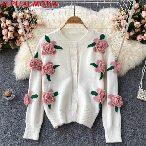 ALPHALMODA 2021 New 3D Flower Long-sleeved Women Sweet Sweater Rose Embroidery Contrast Fashion Cardigan Jacket for Autumn
