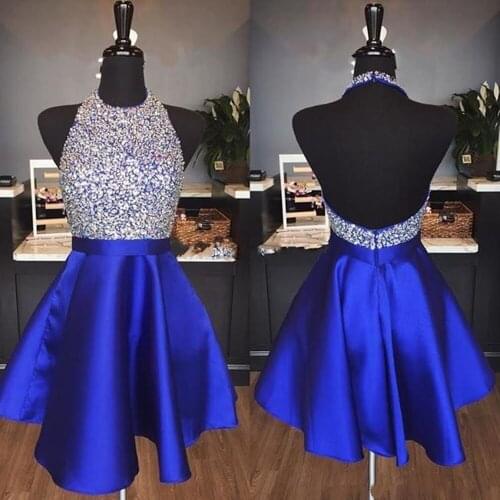 2019 Royal Blue Sparkly Homecoming Dresses A Line Hater Backless Beading Short Party Dresses for Prom abiti da ballo Custom Made
