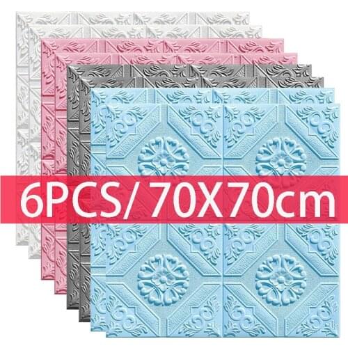 6PCS 3D Self-Adhesive Wall Sticker DIY Waterproof Foam Wallpaper Living Room Kitchen Roof Ceiling Background Wall Decor