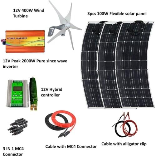 700W wind solar hybrid system: 300W flexible panel,400W Wind Turbine Generator,peak 2000w pure since wave inverter, controller