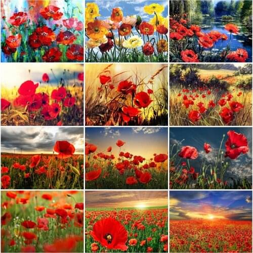 AZQSD Diamond Embroidery Poppy Sunset Mosaic Rhinestones Full Square Diamond Painting Flower Cross Stitch Handicraft Home Decor