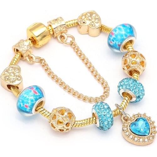 BAOPON European Style Blue Heart Charm Bracelets & Bangles Marano Beads Fits Brand Bracelets for Women Jewelry Girlfriend Gift
