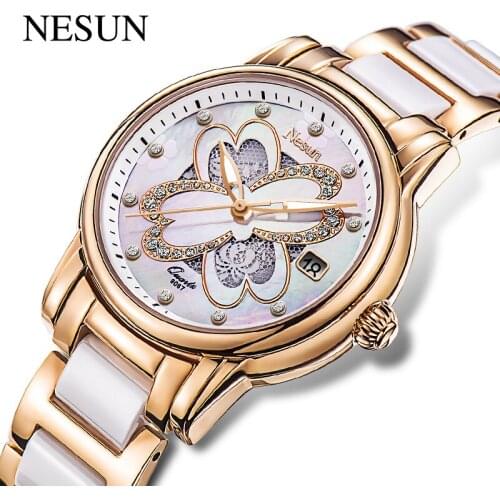 NESUN Official Women Fashion Casual Japan Miyota Quartz Movement Wristwatches Ceramic Band 100M Waterproof Four Leaf Clover