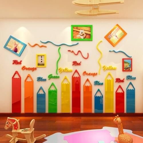Colored pencils Cartoon 3D Acrylic Wall Stickers For kids room Living room kindergarten Frame decoration DIY art wall decor
