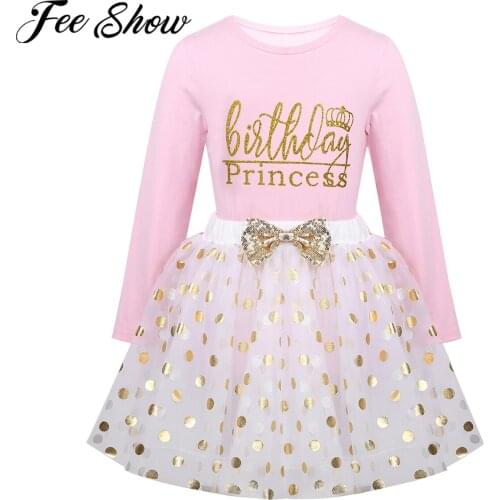 Kids Girls Birthday Princess Outfit Long Sleeve Shirts Tops+Polka Dots Bubble Skirt Set For Children Birthday Party Holiday Sets