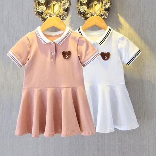 Trendy Solid Color Girls Dress Cotton Short Sleeve Knee-length Summer Baby Dress Turn-down Collar Polo One-piece Skirt 0-5t Kids