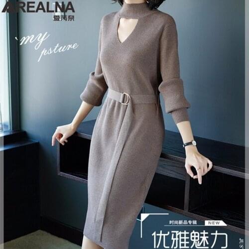 Autumn winter v-neck sexy sweater dress women OL female long sweater dress with belt elegant a-line slim party dress vestidos