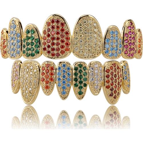 Icedout grillz for teeth eight-tooth inlaid full zircon multicolour irregular personality gold braces teeth grillz dental grills