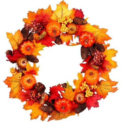 Fall Wreath 17 Inch Front Door Wreath Christmas Wreath with Leaves and Red Berry Wreath for Autumn Halloween BJStore