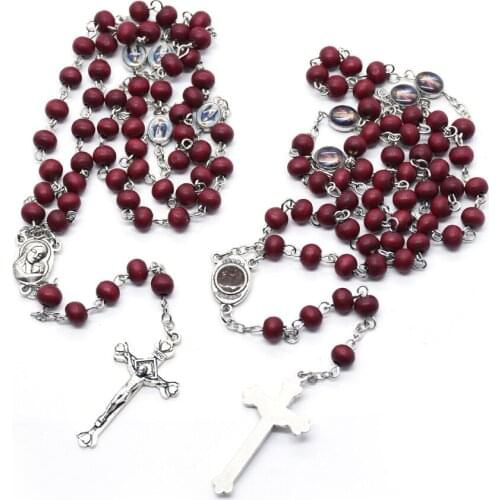 Rosary Necklace Crucifix Cross Virgin Mary Holy Father Pendant Religious Jewelry Baptism Rose Wood Beads Chain Confirmation Gift