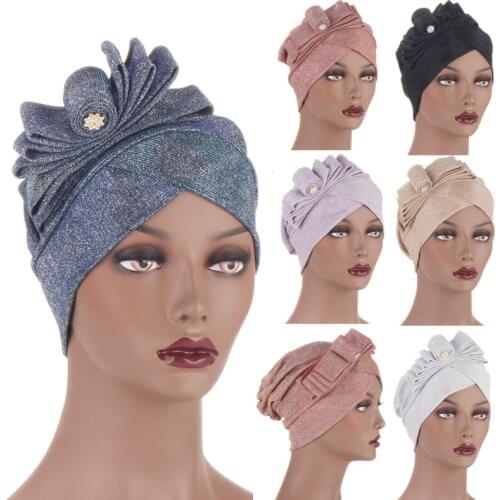 Women Shining Muslim Turban India Cap Silver Gold Curvy Flower Headband Hair Lose Head Wraps Chemo Beanies Hats Accessories
