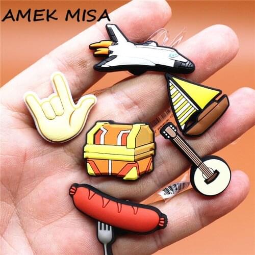 Dropshipping 1pcs Cute Treasure Chest PVC Shoe Charms Sausage Airplane Accessories Sailboat Decorations fit Bracelet Kids Gifts