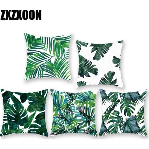 Diy Custom Tropical green leaves polyester white pillow cushion cover case cojines decorativos para sofa for cat sofa home