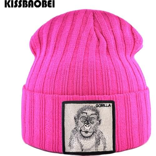 Warm Winter Hats For Men Knit Beanie Cap Animal Embroidery Patch Caps Skullies Solid Color Thick Warm Knitted hat bone masculino