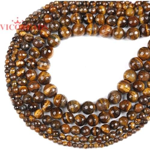 Natural Stone Faceted Brown Gold Tiger Eye Agates Round Beads 15" Strand 4 6 8 10 12MM Pick Size